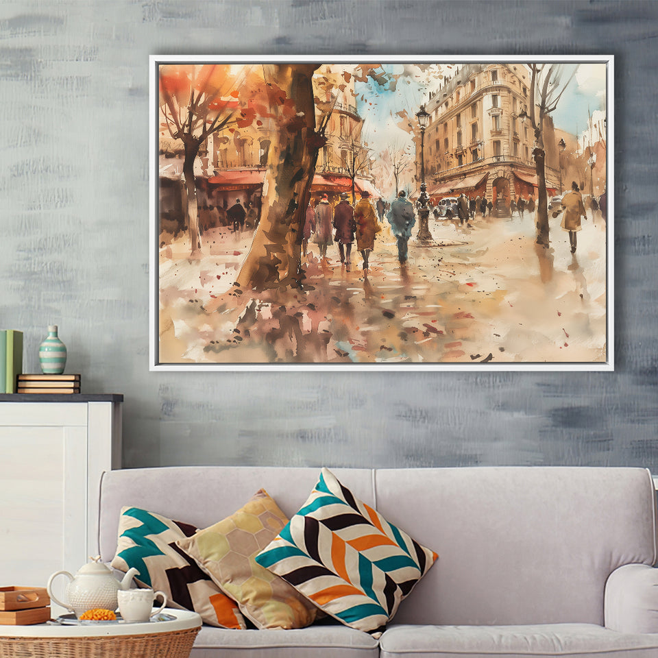 Peoples Walking on France's Street Water Color, Framed Canvas Print Wall Art Decor, Floating Frame Painting Canvas
