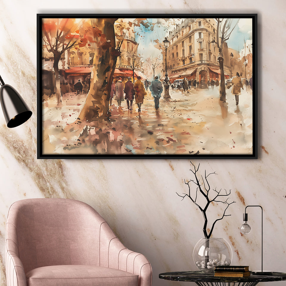 Peoples Walking on France's Street Water Color, Framed Canvas Print Wall Art Decor, Floating Frame Painting Canvas