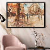 Peoples Walking on France's Street Water Color, Framed Canvas Print Wall Art Decor, Floating Frame Painting Canvas