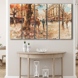 Peoples Walking on France's Street Water Color, Mixed 5 Panel B Canvas Print Wall Art Decor, Extra Large Painting Canvas