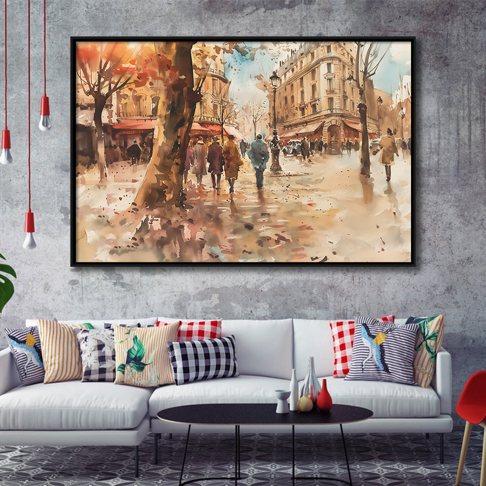 Peoples Walking on France's Street Water Color, Framed Canvas Print Wall Art Decor, Floating Frame Painting Canvas