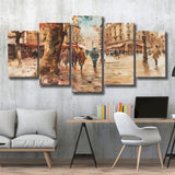 Peoples Walking on France's Street Water Color, Mixed 5 Panel Canvas Print Wall Art Home Decor, Large Canvas Painting
