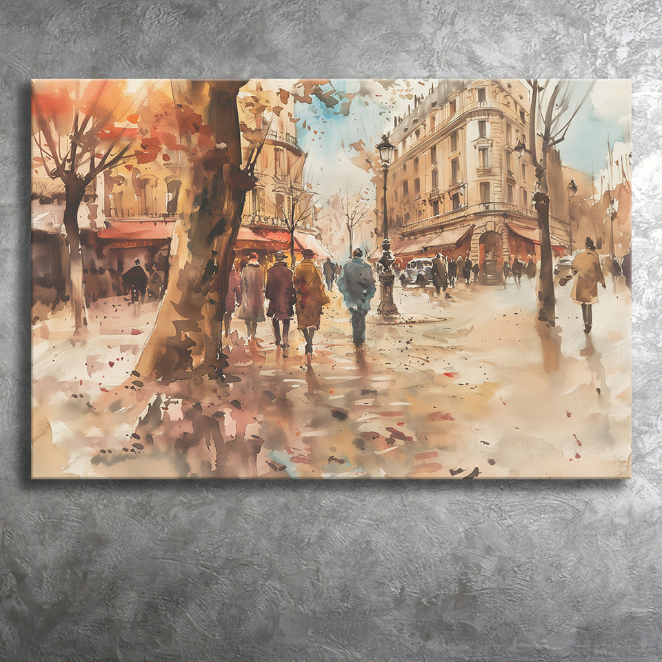 Peoples Walking on France's Street Water Color, Canvas Print Wall Art Home Decor, Painting Canvas Art Print