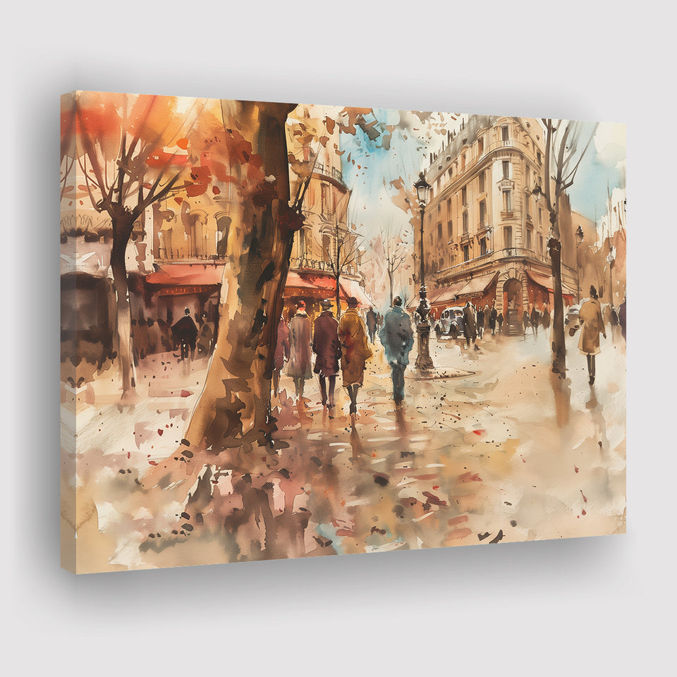 Peoples Walking on France's Street Water Color, Canvas Print Wall Art Home Decor, Painting Canvas Art Print