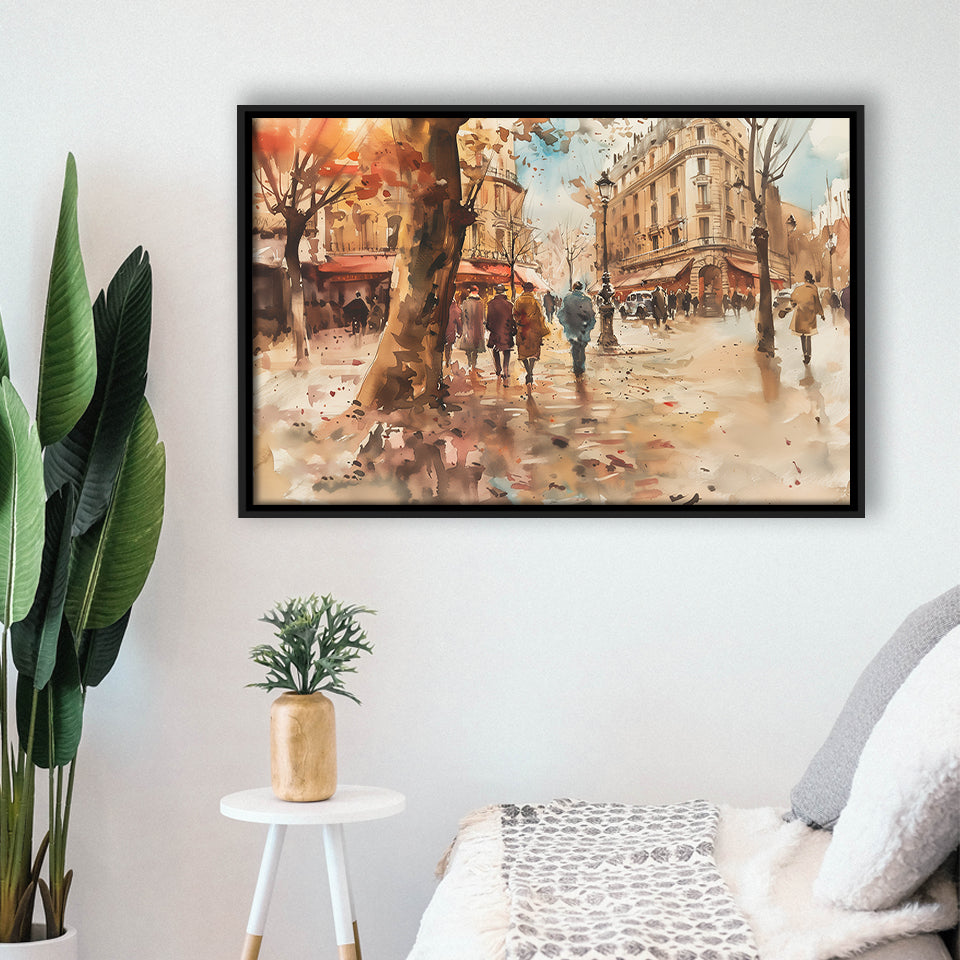 Peoples Walking on France's Street Water Color, Framed Canvas Print Wall Art Decor, Floating Frame Painting Canvas