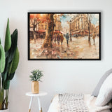 Peoples Walking on France's Street Water Color, Framed Canvas Print Wall Art Decor, Floating Frame Painting Canvas