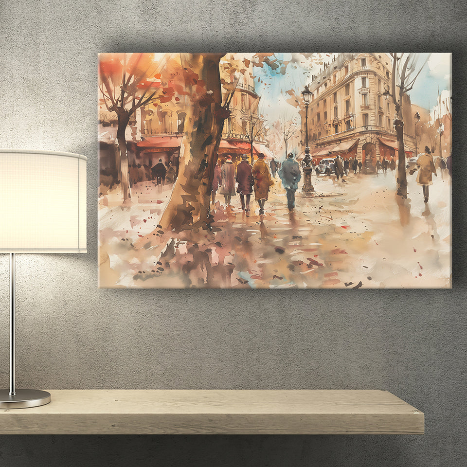 Peoples Walking on France's Street Water Color, Canvas Print Wall Art Home Decor, Painting Canvas Art Print