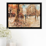 Peoples Walking on France's Street Water Color, Framed Canvas Print Wall Art Decor, Floating Frame Painting Canvas