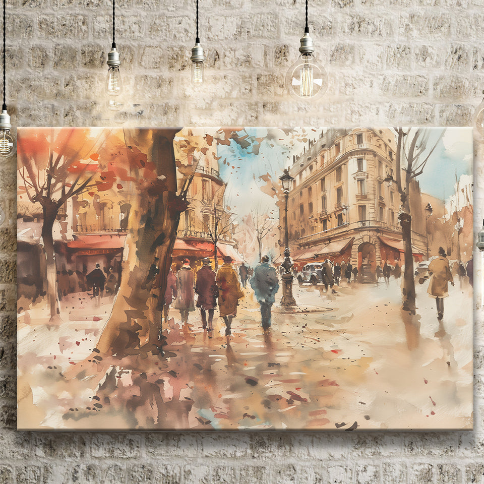 Peoples Walking on France's Street Water Color, Canvas Print Wall Art Home Decor, Painting Canvas Art Print