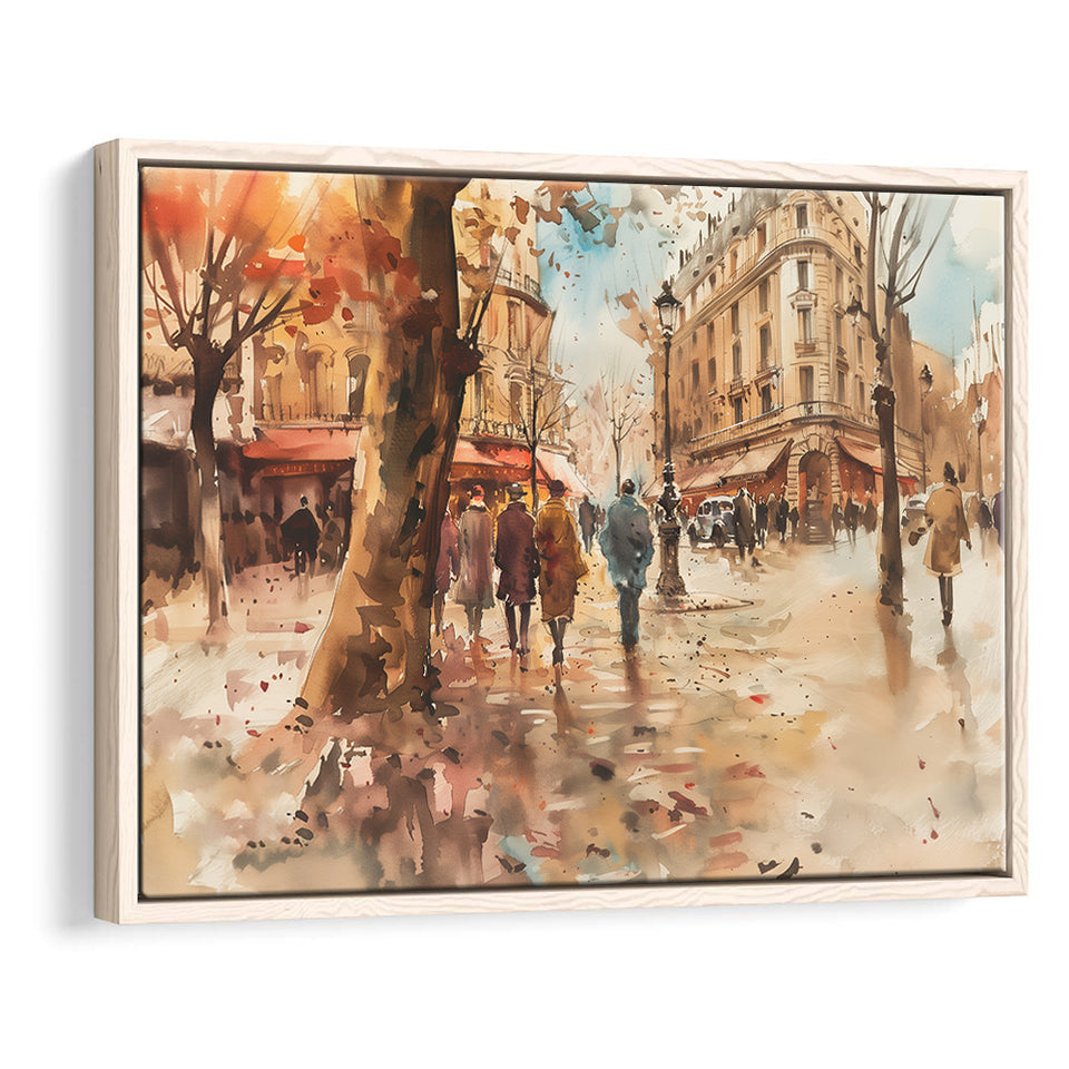 Peoples Walking on France's Street Water Color, Framed Canvas Print Wall Art Decor, Floating Frame Painting Canvas