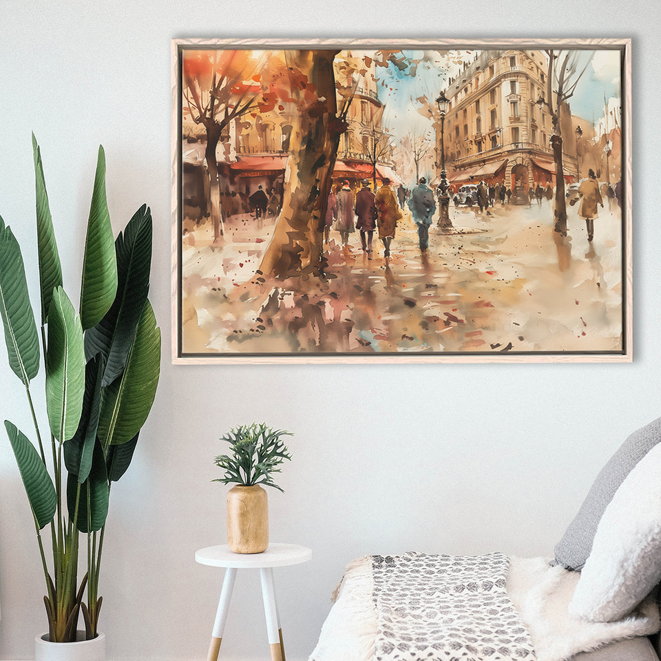 Peoples Walking on France's Street Water Color, Framed Canvas Print Wall Art Decor, Floating Frame Painting Canvas