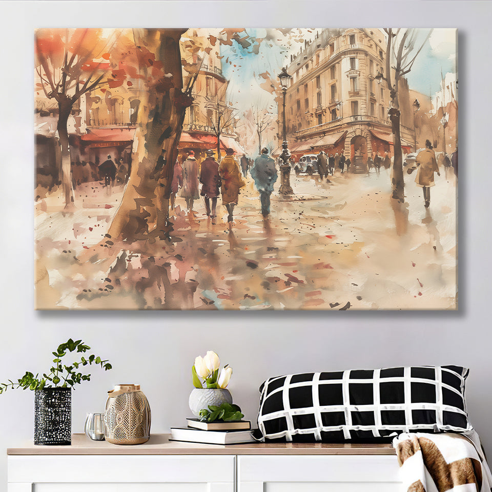 Peoples Walking on France's Street Water Color, Canvas Print Wall Art Home Decor, Painting Canvas Art Print