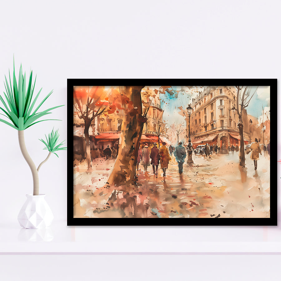 Peoples Walking on France's Street Water Color, Framed Art Print Wall Decor, Picture Framed Painting Art