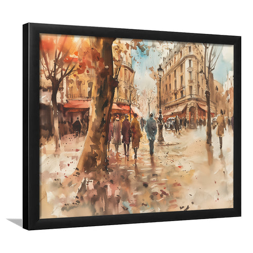 Peoples Walking on France's Street Water Color, Framed Art Print Wall Decor, Picture Framed Painting Art