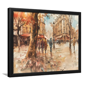 Peoples Walking on France's Street Water Color, Framed Art Print Wall Decor, Picture Framed Painting Art