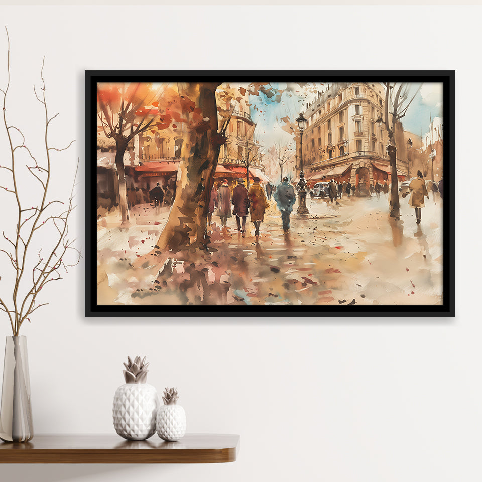 Peoples Walking on France's Street Water Color, Framed Canvas Print Wall Art Decor, Floating Frame Painting Canvas