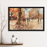 Peoples Walking on France's Street Water Color, Framed Canvas Print Wall Art Decor, Floating Frame Painting Canvas