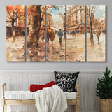 Peoples Walking on France's Street Water Color, Mixed 5 Panel B Canvas Print Wall Art Decor, Extra Large Painting Canvas