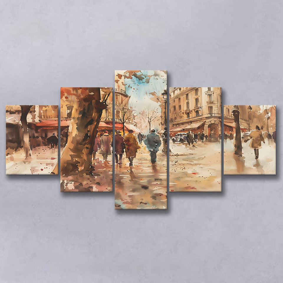 Peoples Walking on France's Street Water Color, Mixed 5 Panel Canvas Print Wall Art Home Decor, Large Canvas Painting