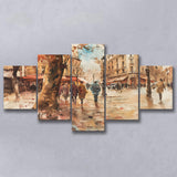 Peoples Walking on France's Street Water Color, Mixed 5 Panel Canvas Print Wall Art Home Decor, Large Canvas Painting