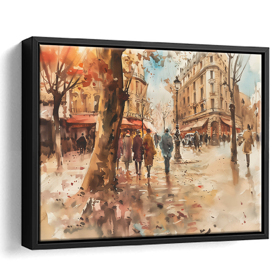 Peoples Walking on France's Street Water Color, Framed Canvas Print Wall Art Decor, Floating Frame Painting Canvas