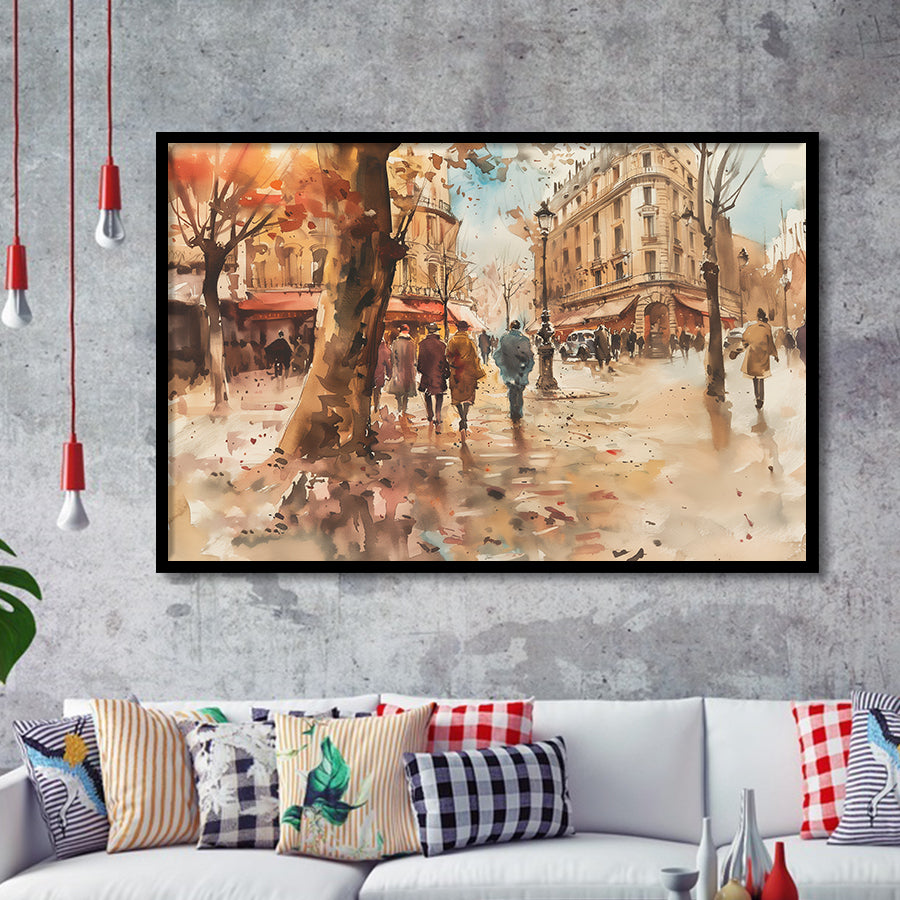 Peoples Walking on France's Street Water Color, Framed Art Print Wall Decor, Picture Framed Painting Art