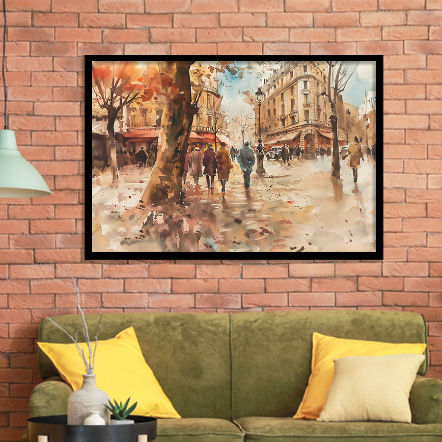 Peoples Walking on France's Street Water Color, Framed Art Print Wall Decor, Picture Framed Painting Art