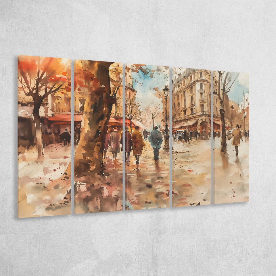 Peoples Walking on France's Street Water Color, Mixed 5 Panel B Canvas Print Wall Art Decor, Extra Large Painting Canvas