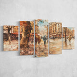 Peoples Walking on France's Street Water Color, Mixed 5 Panel Canvas Print Wall Art Home Decor, Large Canvas Painting
