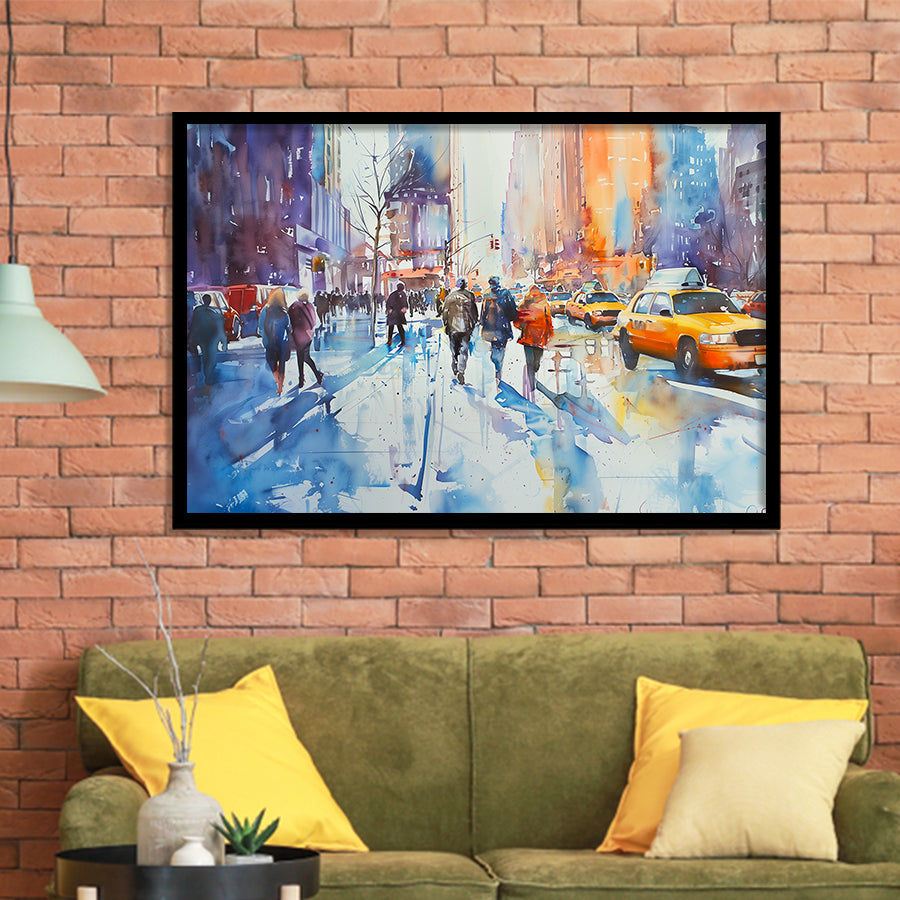 Peoples Walking on The Street New York Water color, Framed Art Print Wall Decor, Picture Framed Painting Art