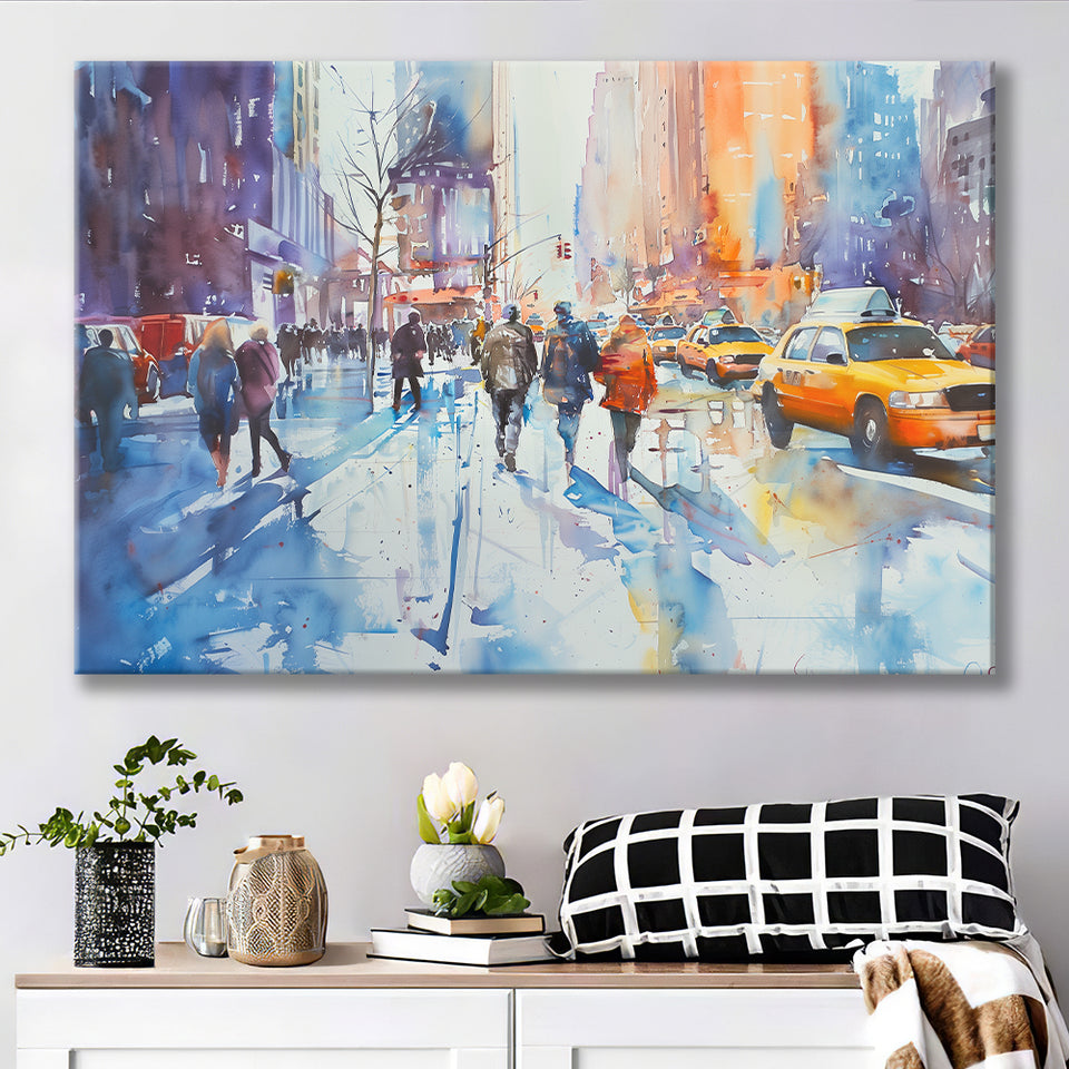 Peoples Walking on The Street New York Water color, Canvas Print Wall Art Home Decor, Painting Canvas Art Print