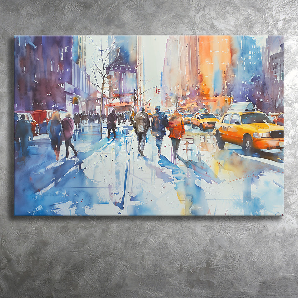 Peoples Walking on The Street New York Water color, Canvas Print Wall Art Home Decor, Painting Canvas Art Print