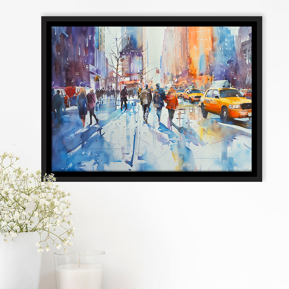 Peoples Walking on The Street New York Water color, Framed Canvas Print Wall Art Decor, Floating Frame Painting Canvas
