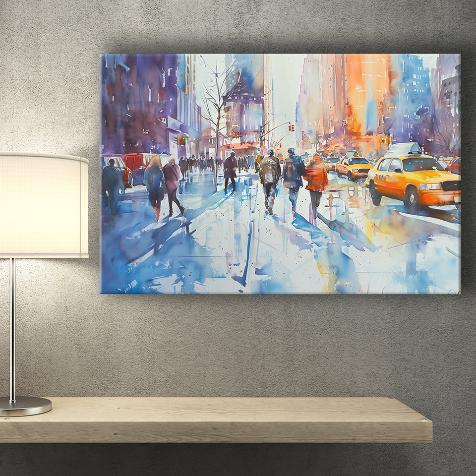 Peoples Walking on The Street New York Water color, Canvas Print Wall Art Home Decor, Painting Canvas Art Print