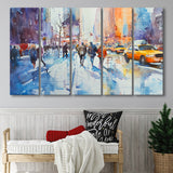 Peoples Walking on The Street New York Water color, Mixed 5 Panel B Canvas Print Wall Art Decor, Extra Large Painting Canvas