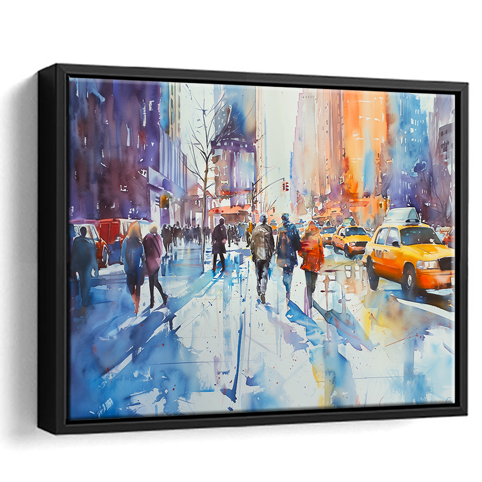 Peoples Walking on The Street New York Water color, Framed Canvas Print Wall Art Decor, Floating Frame Painting Canvas