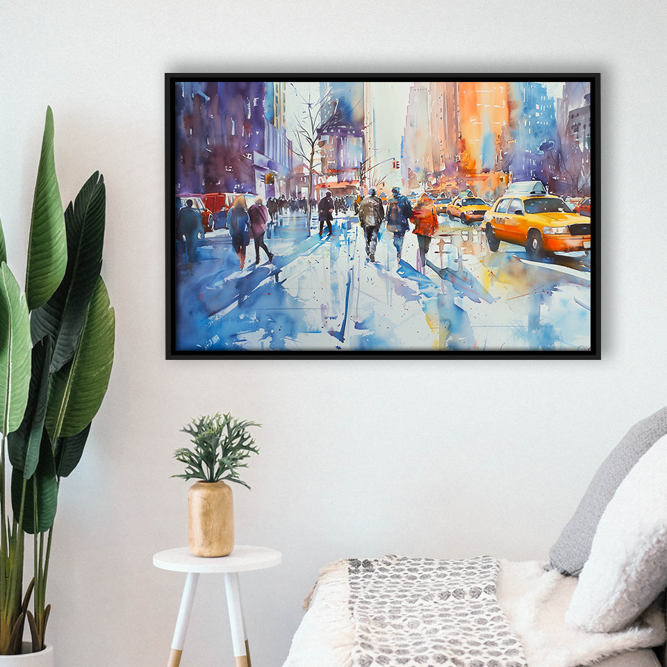 Peoples Walking on The Street New York Water color, Framed Canvas Print Wall Art Decor, Floating Frame Painting Canvas