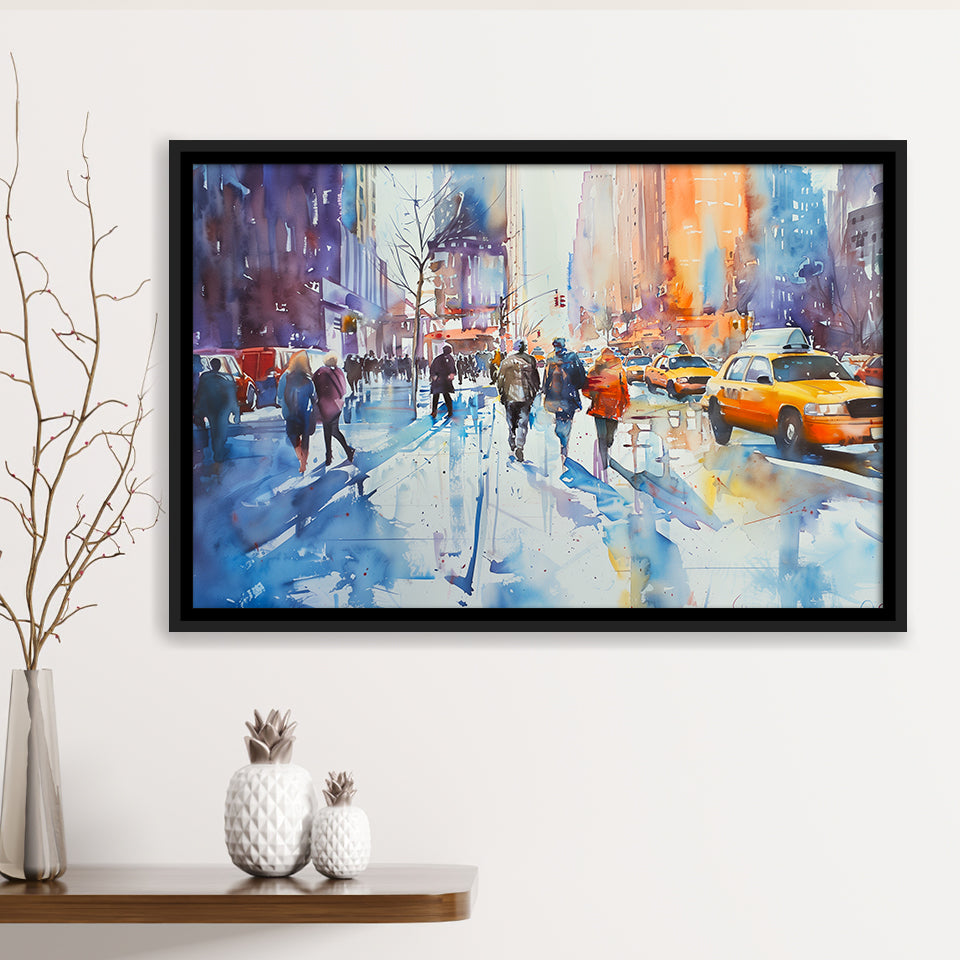 Peoples Walking on The Street New York Water color, Framed Canvas Print Wall Art Decor, Floating Frame Painting Canvas
