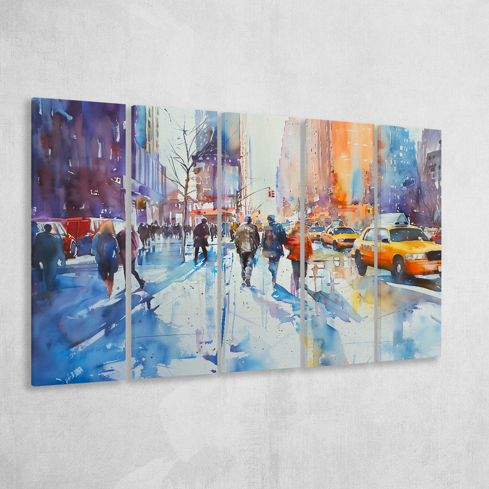 Peoples Walking on The Street New York Water color, Mixed 5 Panel B Canvas Print Wall Art Decor, Extra Large Painting Canvas