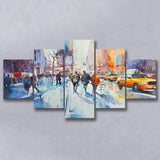 Peoples Walking on The Street New York Water color, Mixed 5 Panel Canvas Print Wall Art Home Decor, Large Canvas Painting