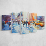 Peoples Walking on The Street New York Water color, Mixed 5 Panel Canvas Print Wall Art Home Decor, Large Canvas Painting