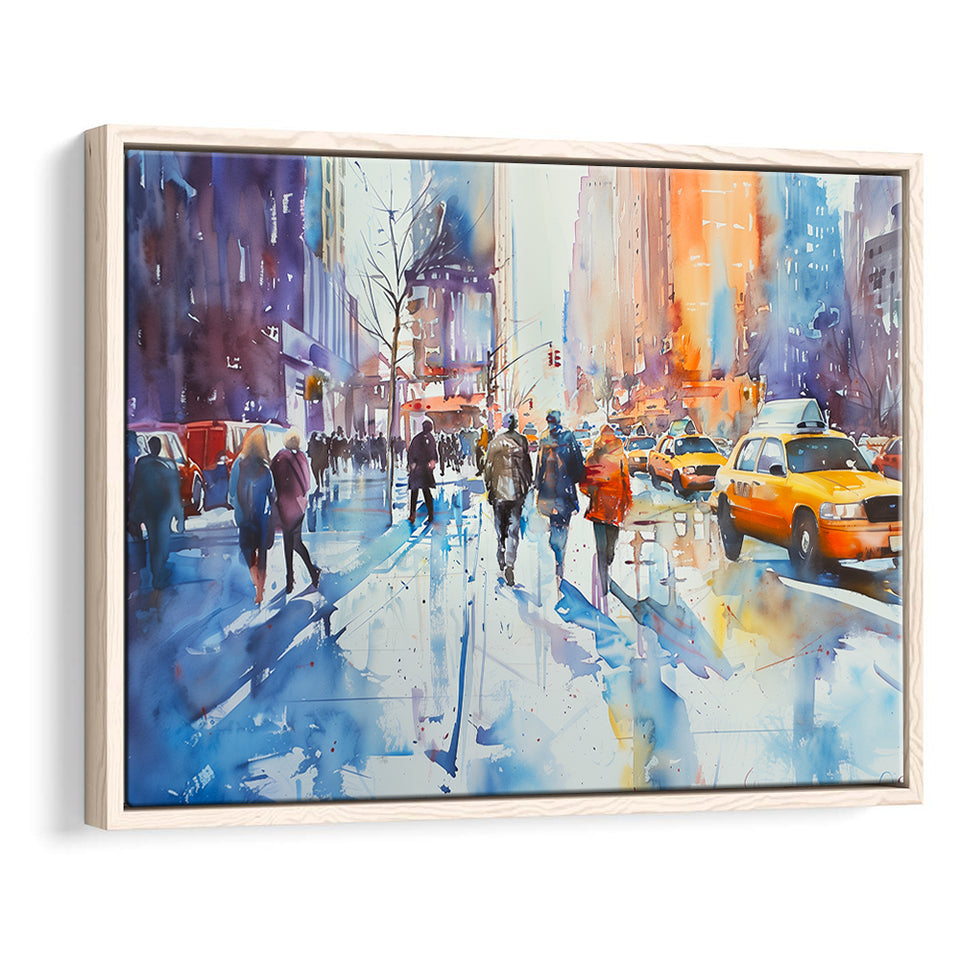 Peoples Walking on The Street New York Water color, Framed Canvas Print Wall Art Decor, Floating Frame Painting Canvas