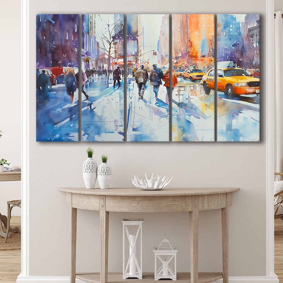 Peoples Walking on The Street New York Water color, Mixed 5 Panel B Canvas Print Wall Art Decor, Extra Large Painting Canvas