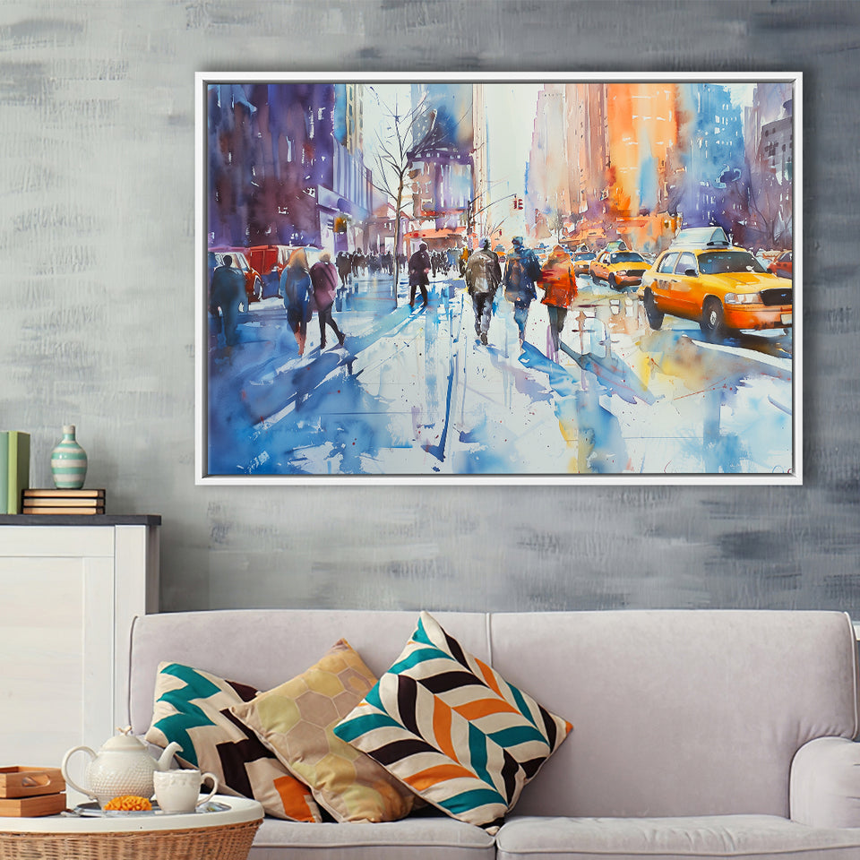 Peoples Walking on The Street New York Water color, Framed Canvas Print Wall Art Decor, Floating Frame Painting Canvas