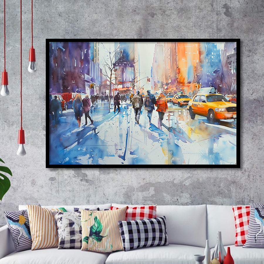 Peoples Walking on The Street New York Water color, Framed Art Print Wall Decor, Picture Framed Painting Art