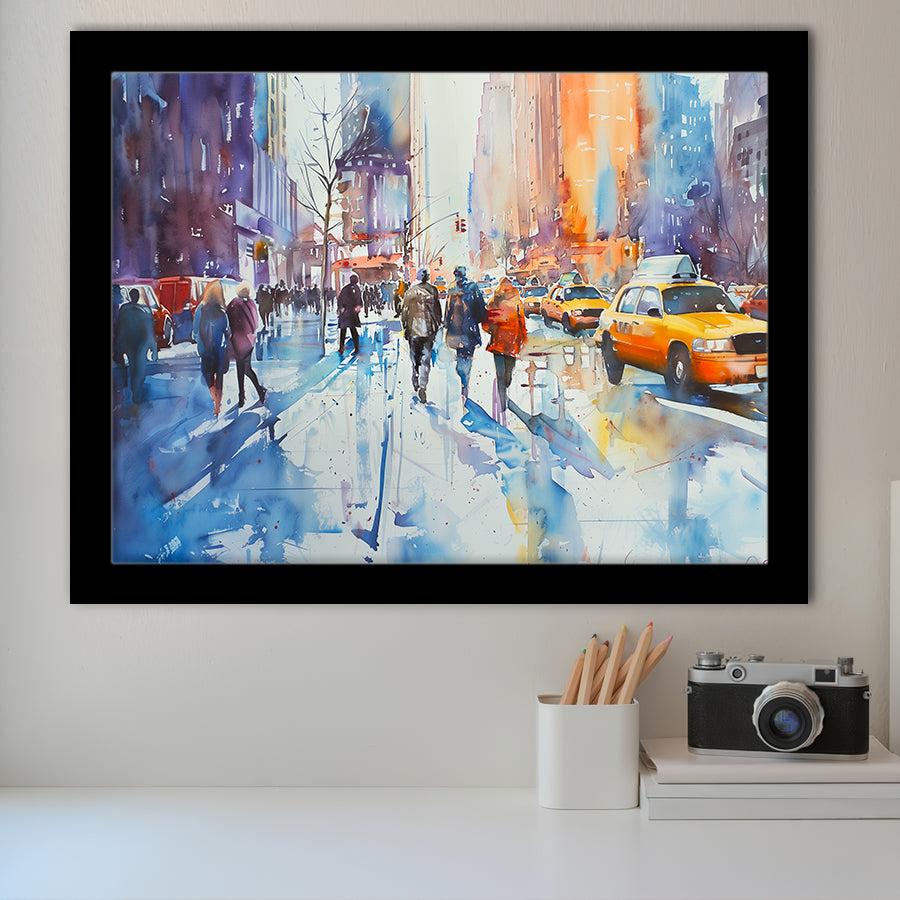 Peoples Walking on The Street New York Water color, Framed Art Print Wall Decor, Picture Framed Painting Art