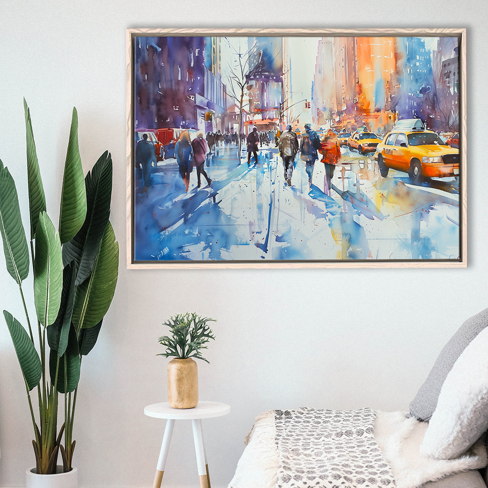 Peoples Walking on The Street New York Water color, Framed Canvas Print Wall Art Decor, Floating Frame Painting Canvas