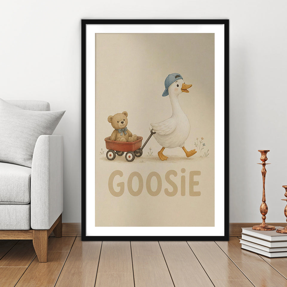 Personalized Mispronunciation Print, Goose Teddy Nursery, Pet Lover Art, Framed Art Print White Border