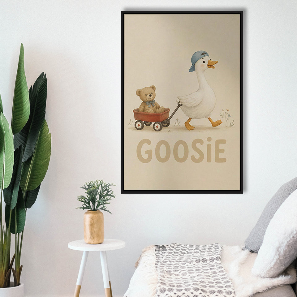 Personalized Mispronunciation Print, Goose Teddy Nursery, Pet Lover Art, Framed Canvas Print, Floating Frame