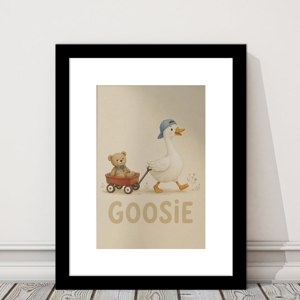 Personalized Mispronunciation Print, Goose Teddy Nursery, Pet Lover Art, Framed Art Print White Border